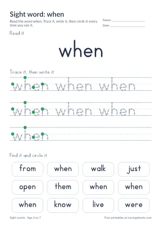 Preview of the sight word: when worksheet