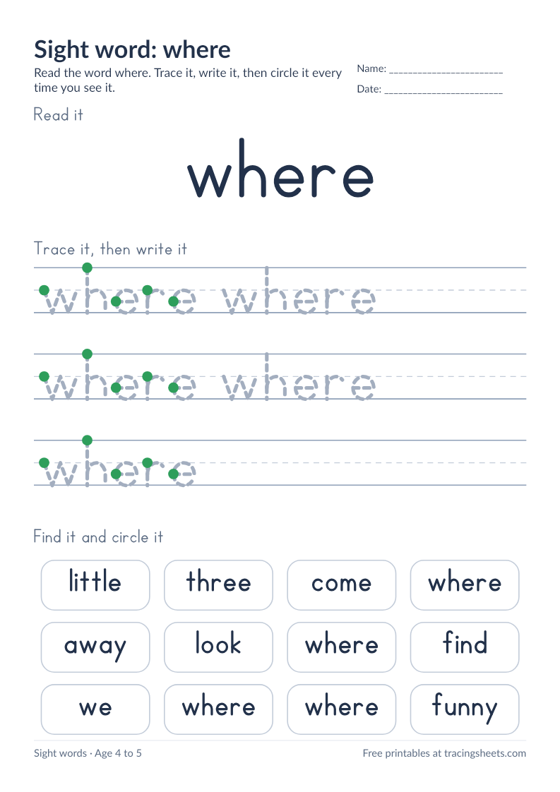 Preview of the printable sight word: where worksheet