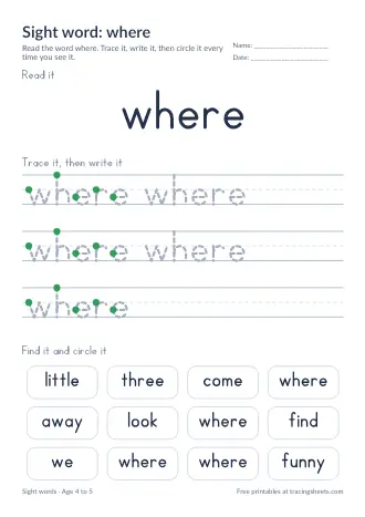 Preview of the sight word: where worksheet