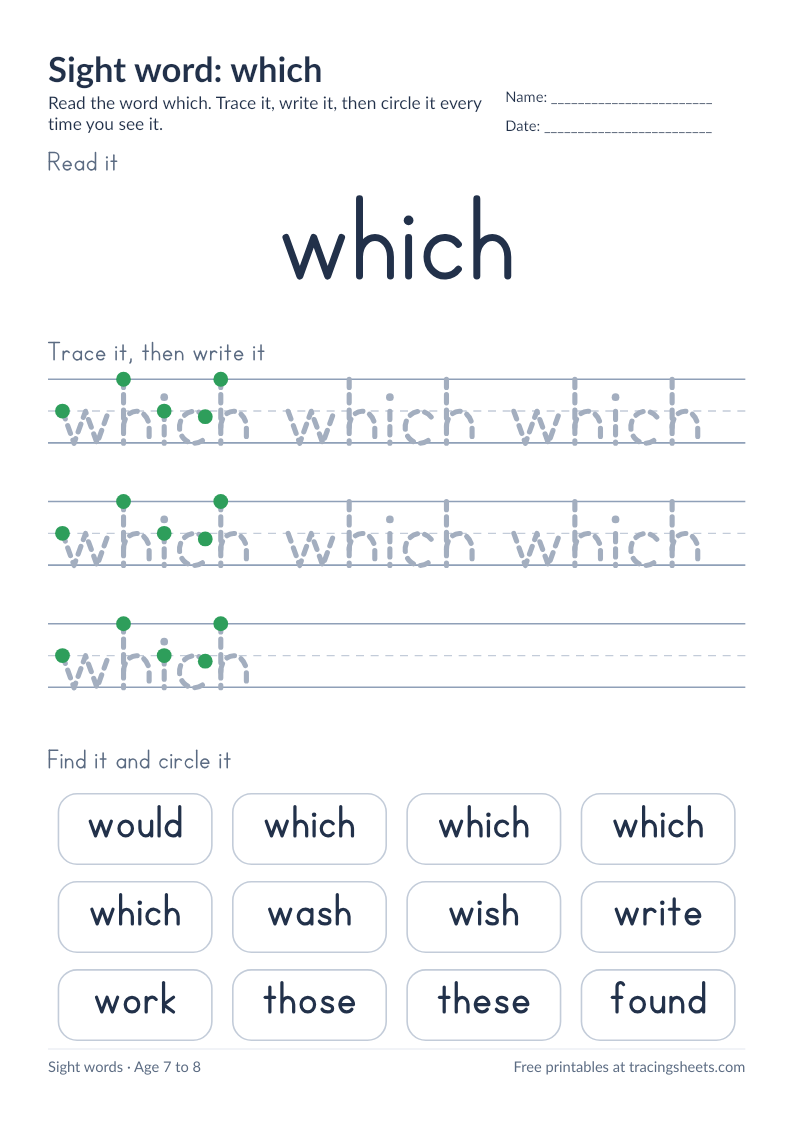 Preview of the printable sight word: which worksheet