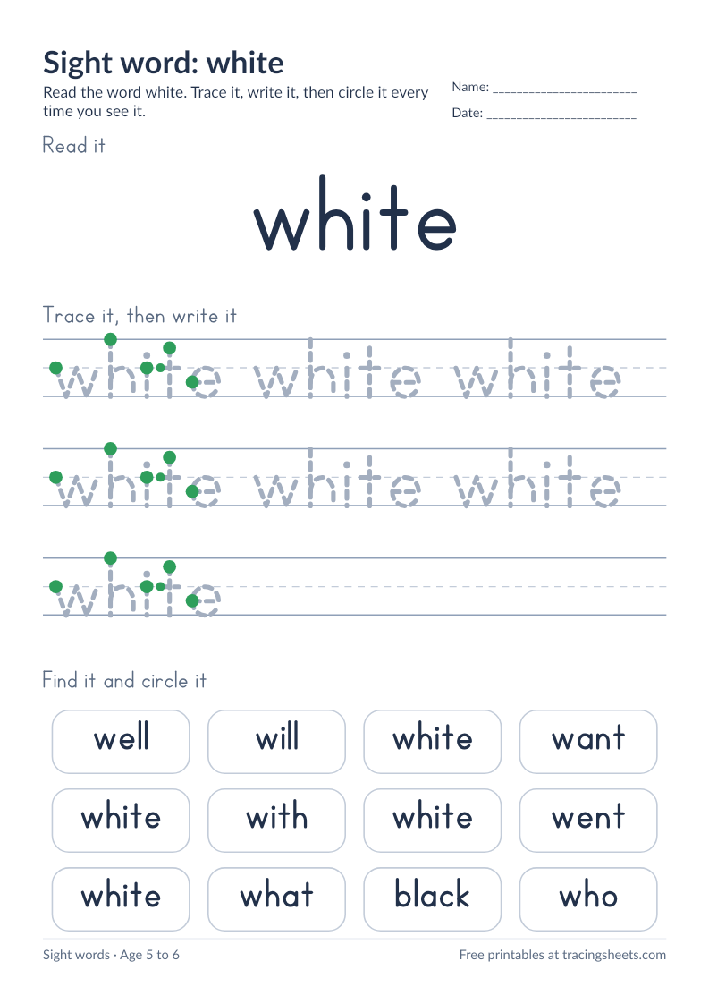 Preview of the printable sight word: white worksheet