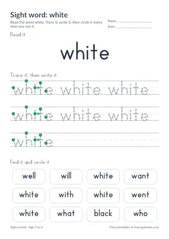 Preview of the sight word: white worksheet