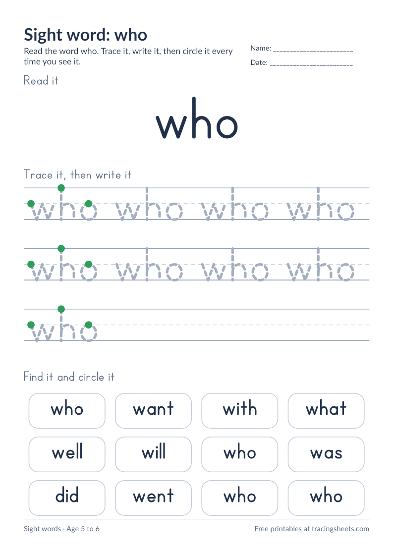 Preview of the printable sight word: who worksheet