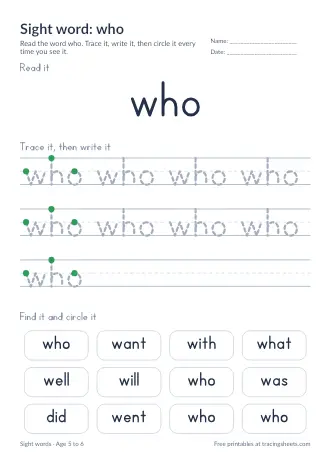 Preview of the sight word: who worksheet