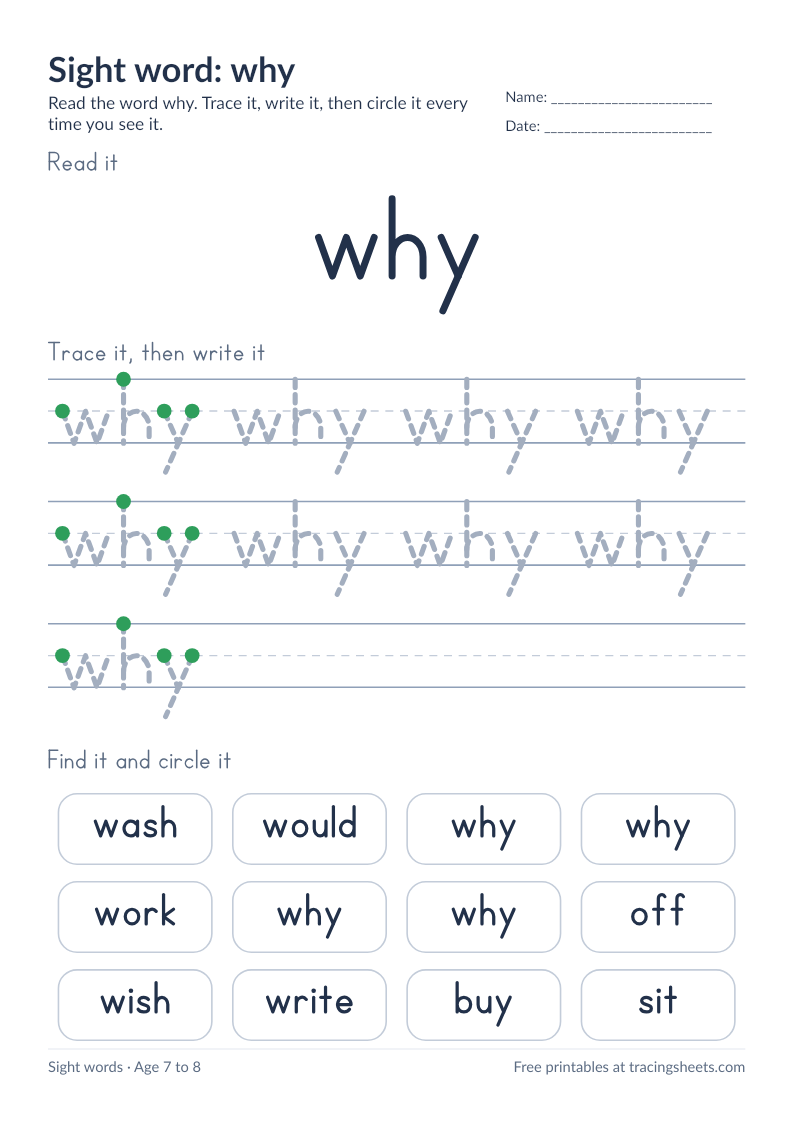 Preview of the printable sight word: why worksheet