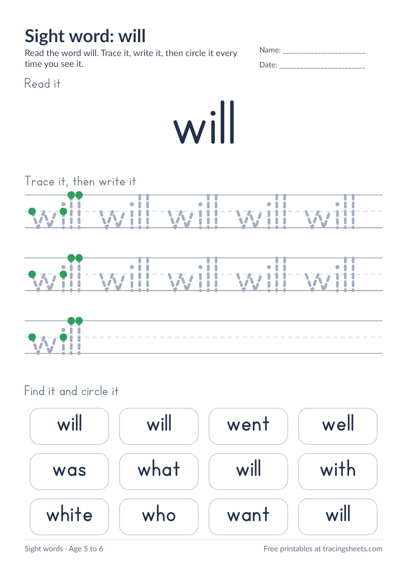 Preview of the printable sight word: will worksheet