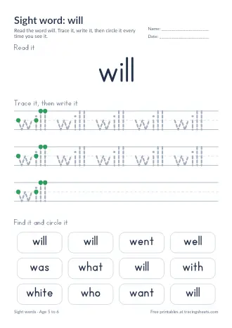 Preview of the sight word: will worksheet