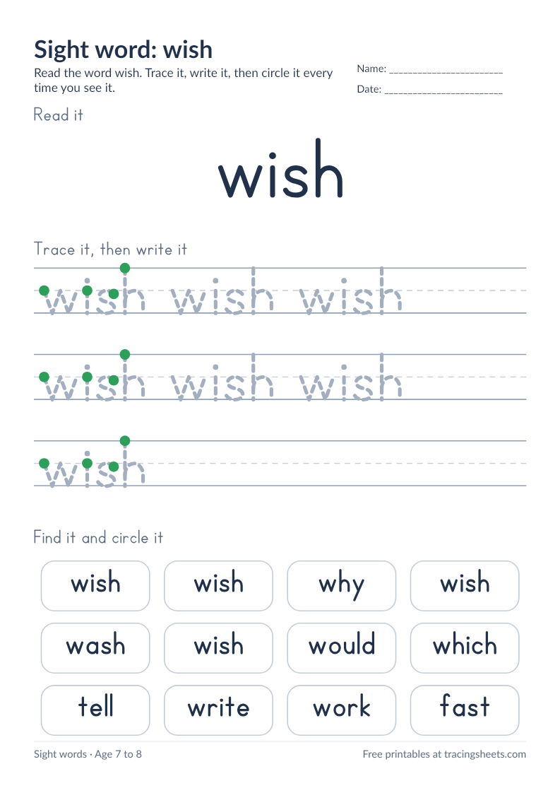 Preview of the printable sight word: wish worksheet