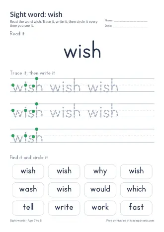 Preview of the sight word: wish worksheet