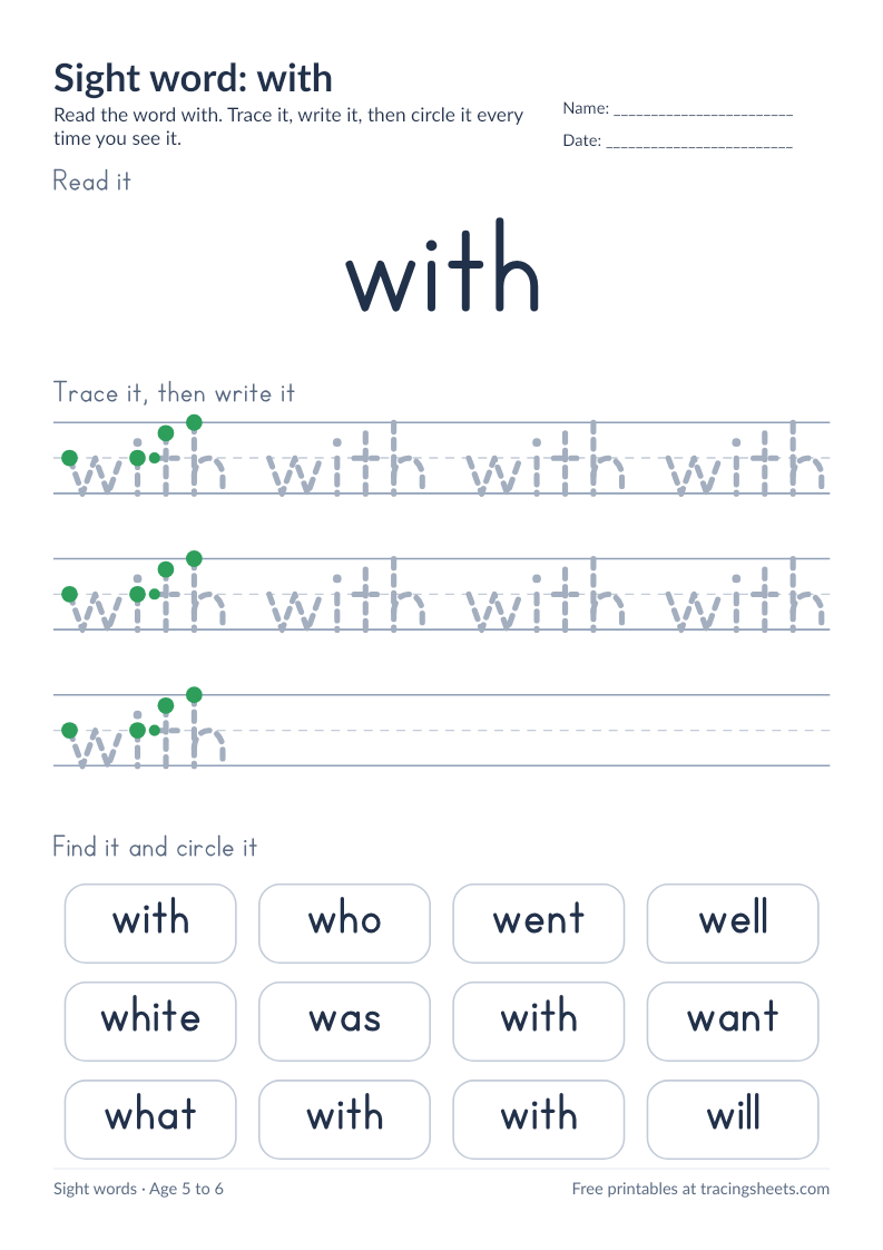 Preview of the printable sight word: with worksheet