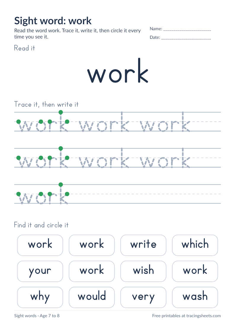 Preview of the printable sight word: work worksheet