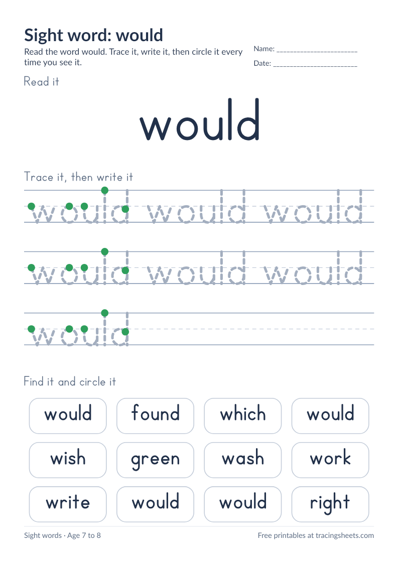Preview of the printable sight word: would worksheet