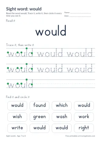 Preview of the sight word: would worksheet