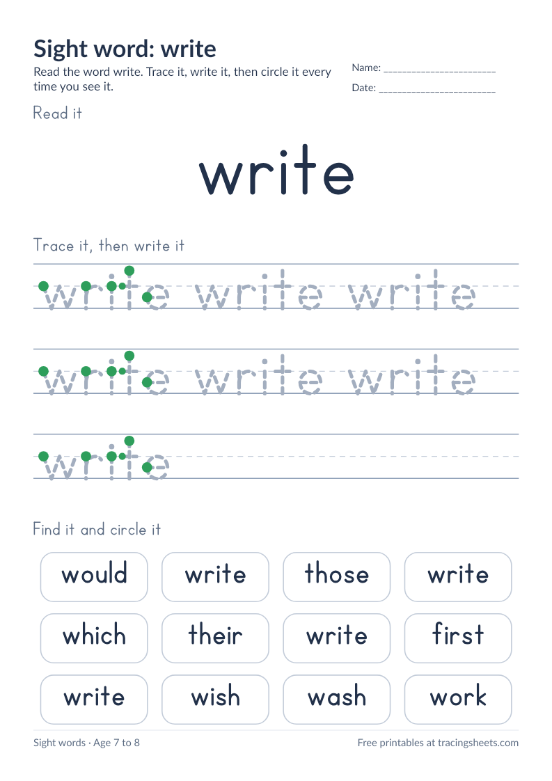Preview of the printable sight word: write worksheet
