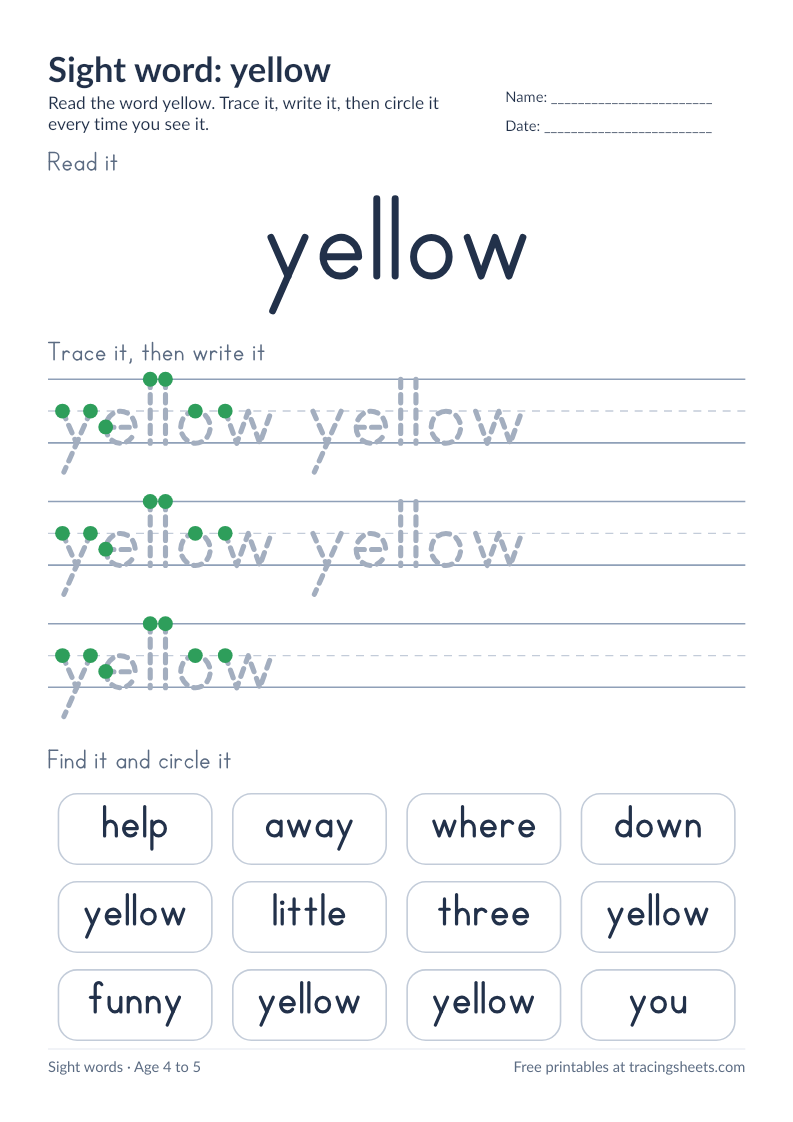 Preview of the printable sight word: yellow worksheet