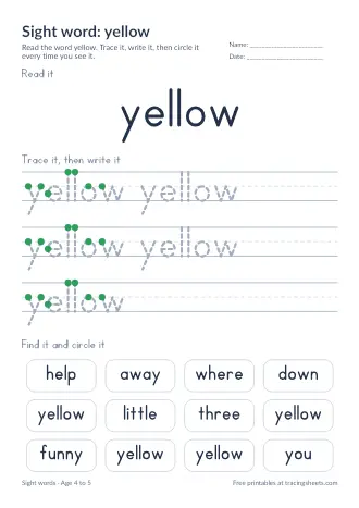Preview of the sight word: yellow worksheet