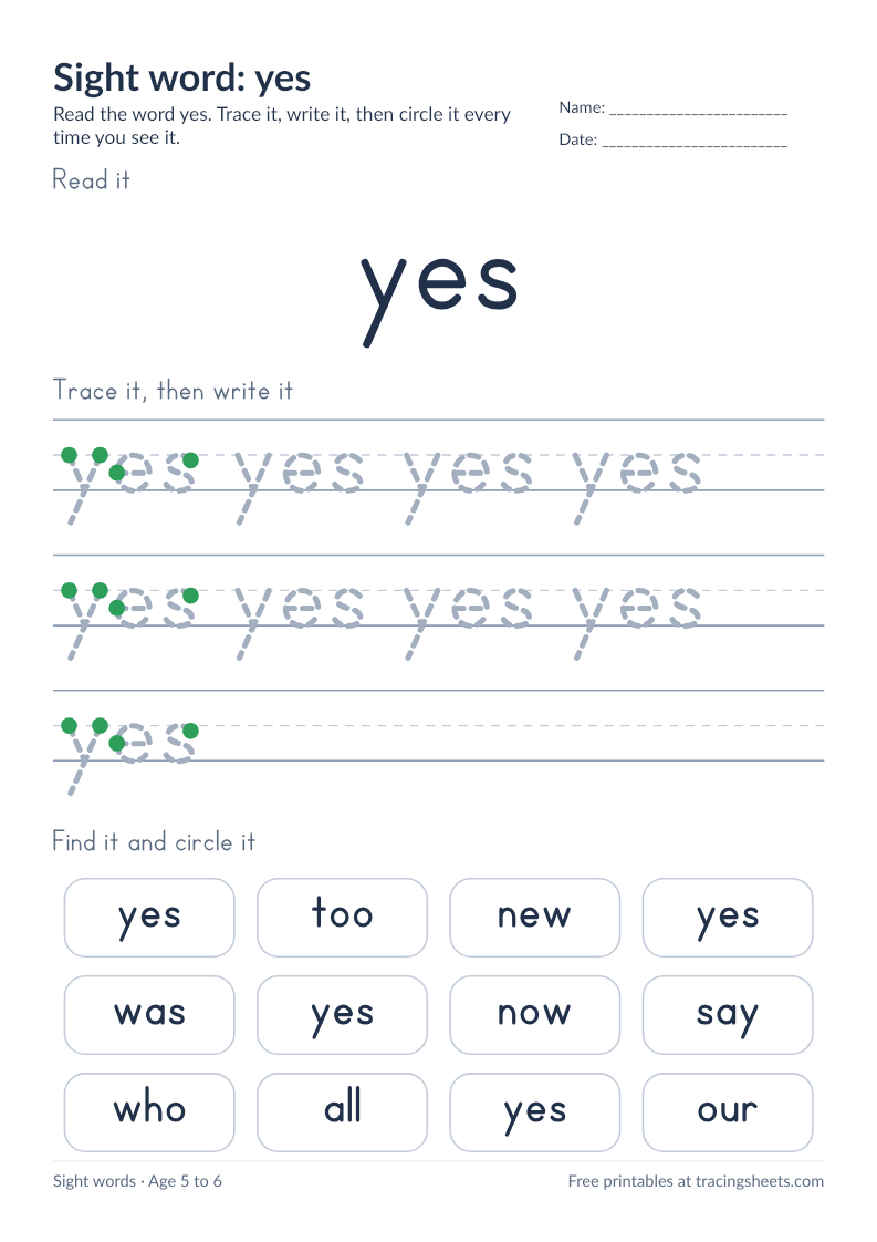 Preview of the printable sight word: yes worksheet