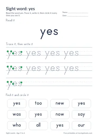 Preview of the sight word: yes worksheet