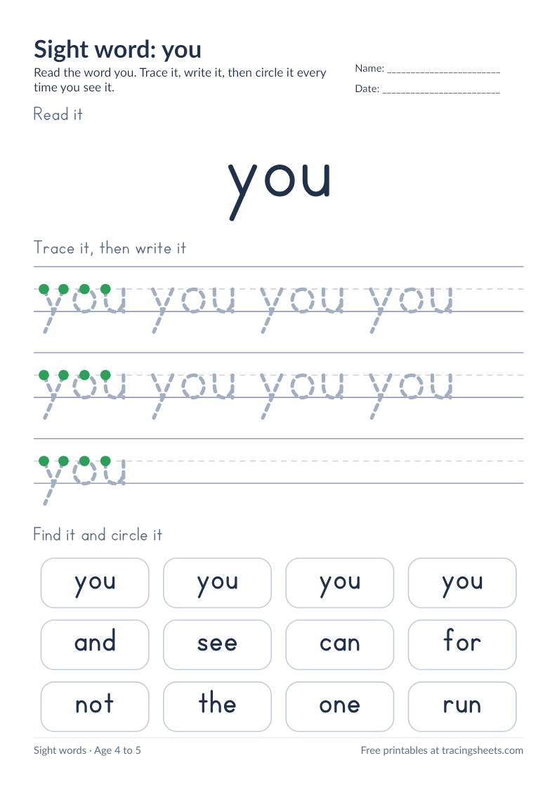 Preview of the printable sight word: you worksheet
