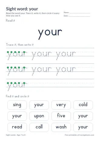 Preview of the sight word: your worksheet
