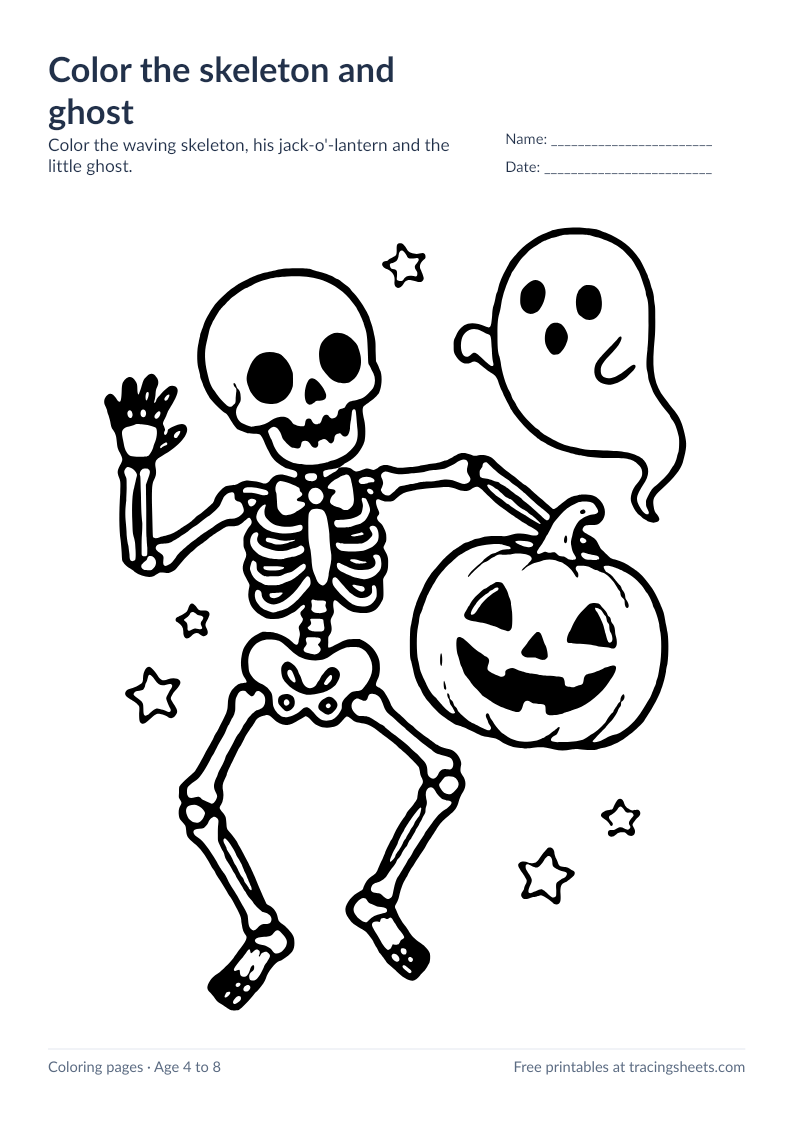 Preview of the printable color the skeleton and ghost worksheet