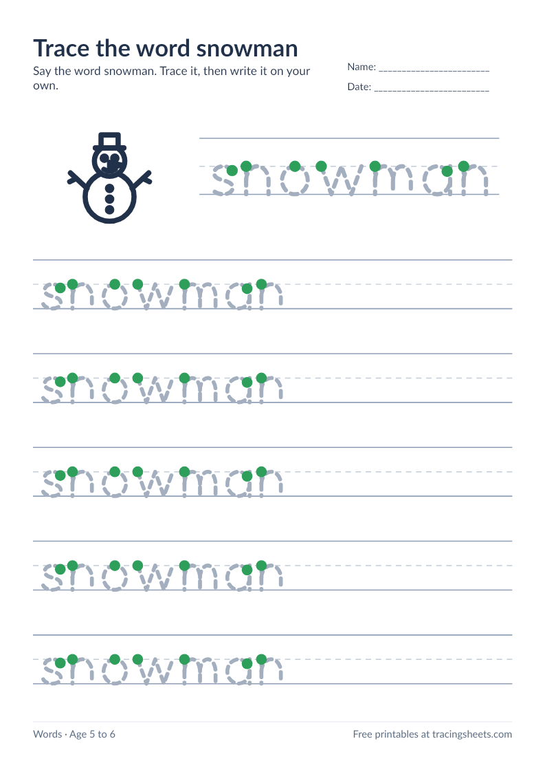 Preview of the printable trace the word snowman worksheet