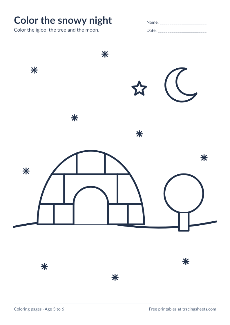 Preview of the printable color the snowy night worksheet