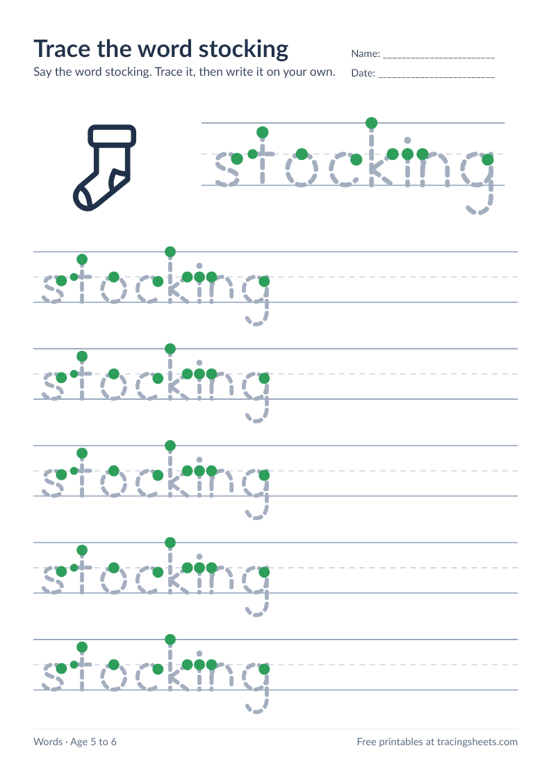 Preview of the printable trace the word stocking worksheet