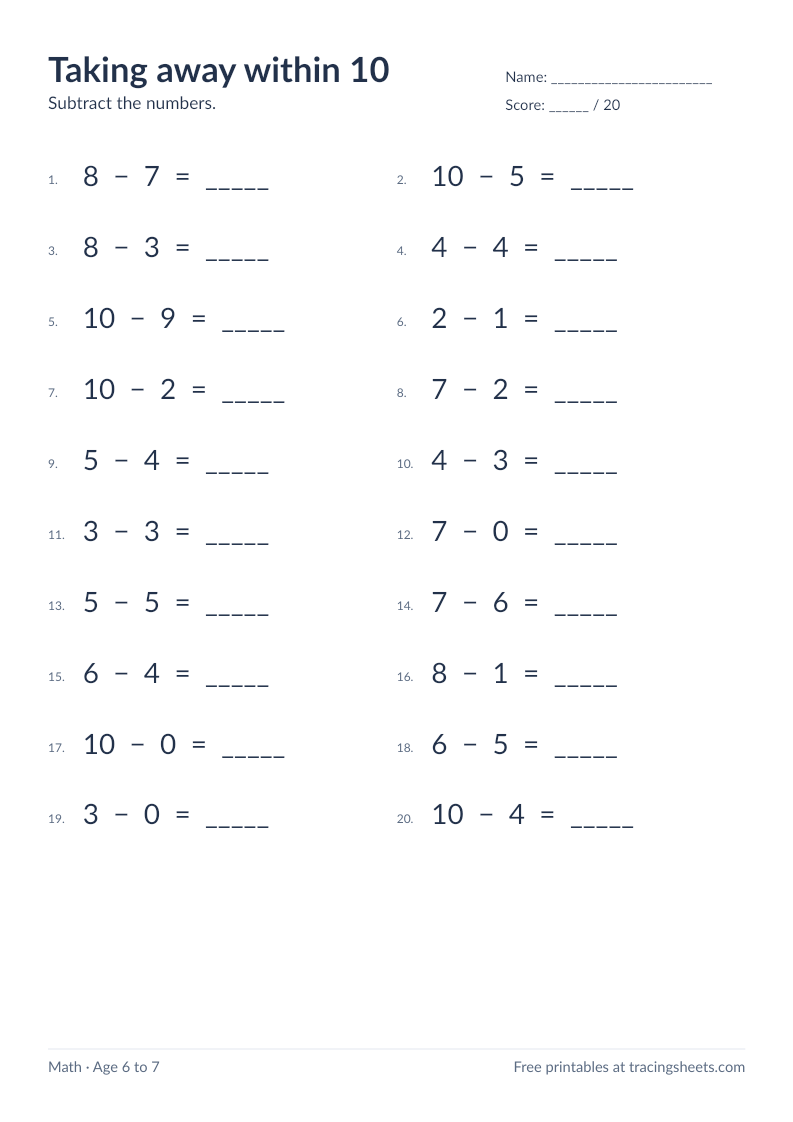 Preview of the printable taking away within 10 worksheet