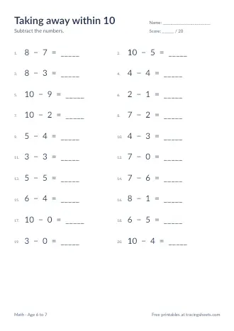 Preview of the taking away within 10 worksheet
