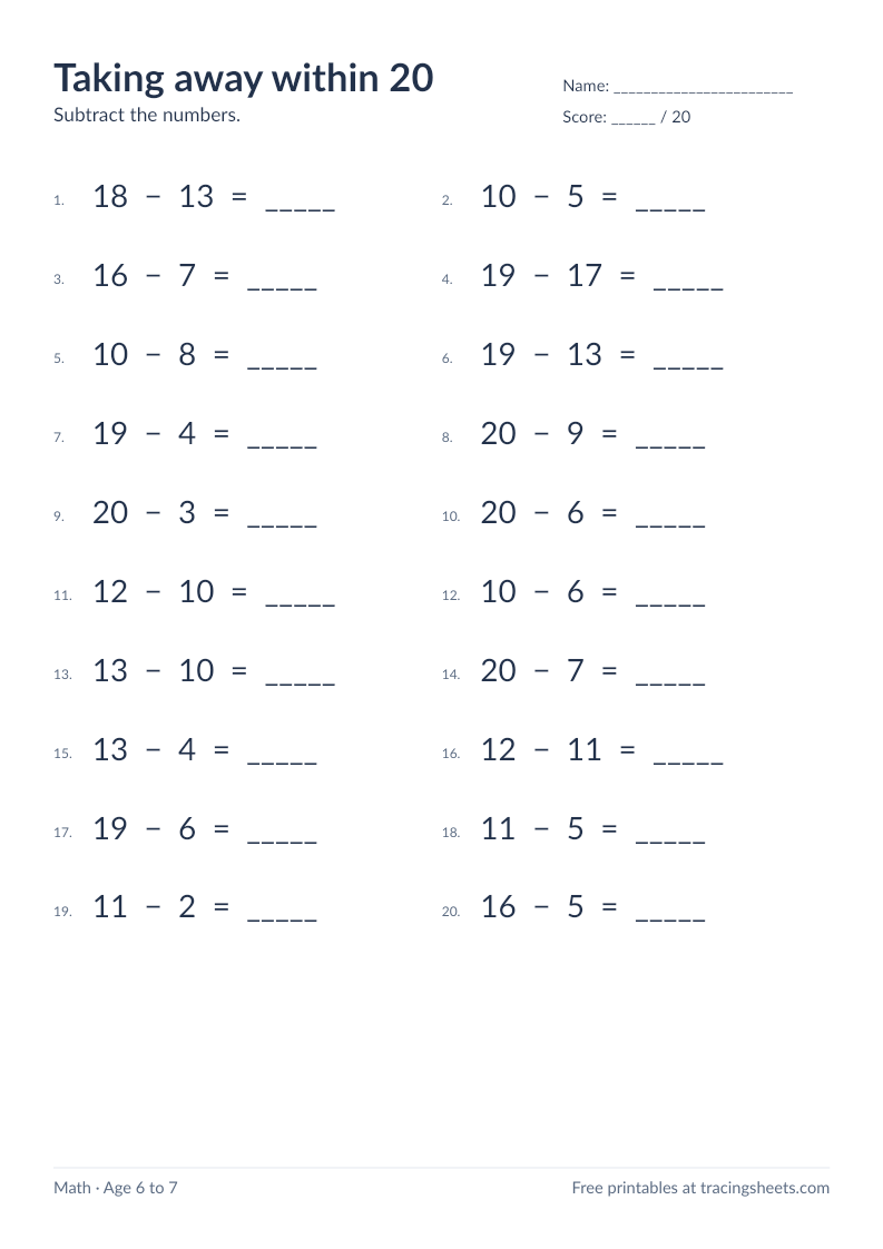 Preview of the printable taking away within 20 worksheet