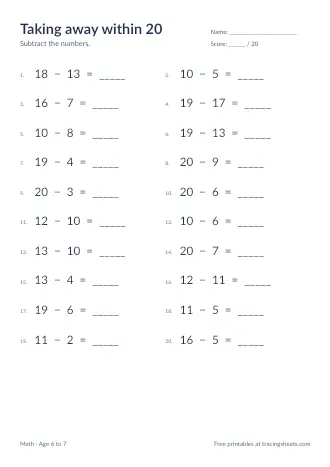 Preview of the taking away within 20 worksheet