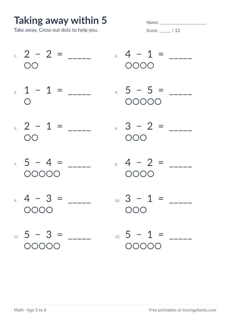 Preview of the printable taking away within 5 worksheet