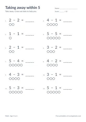 Preview of the taking away within 5 worksheet