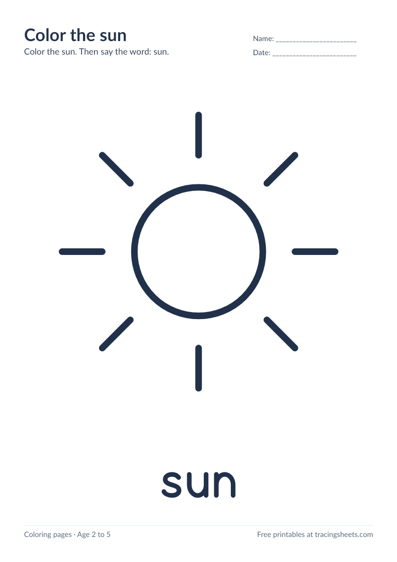 Preview of the printable color the sun worksheet