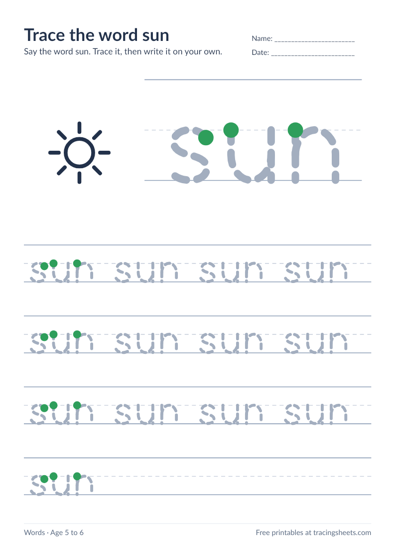 Preview of the printable trace the word sun worksheet