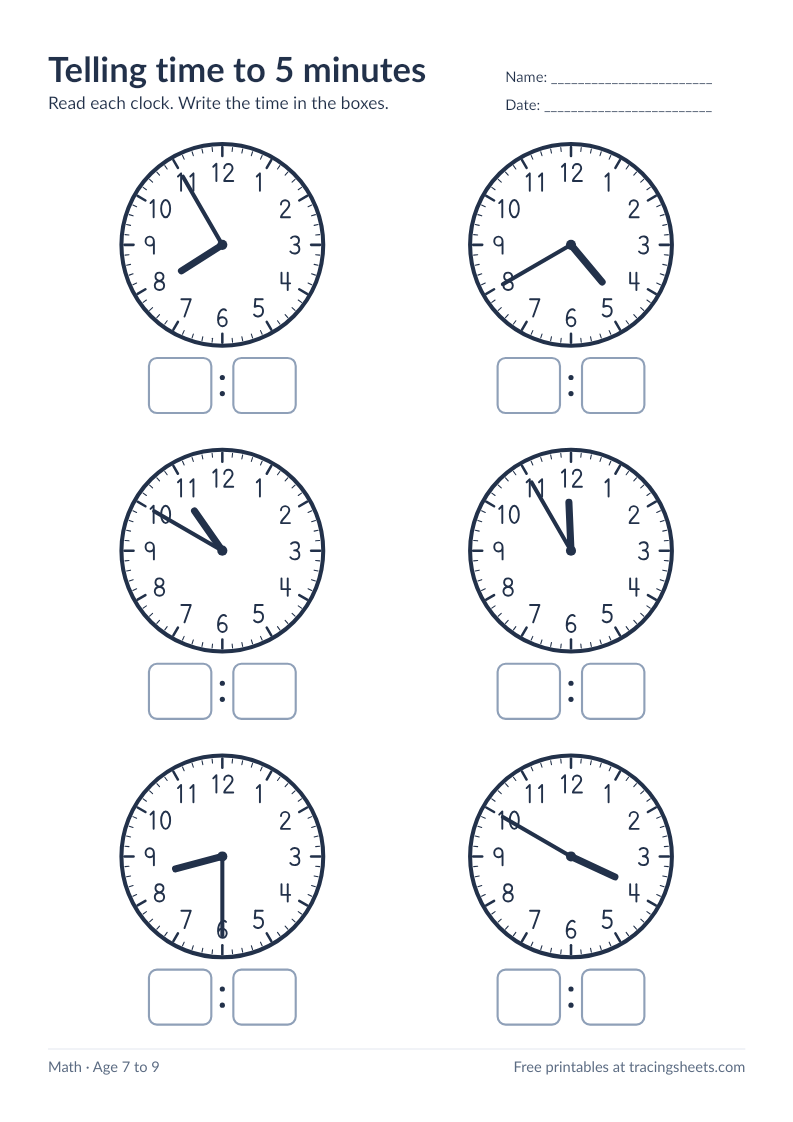Preview of the printable telling time to 5 minutes worksheet