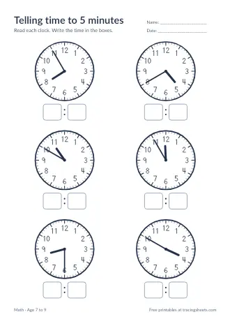 Preview of the telling time to 5 minutes worksheet