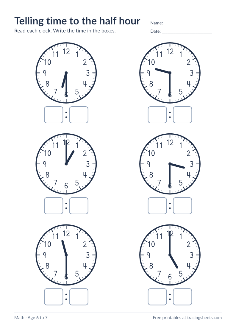 Preview of the printable telling time to the half hour worksheet