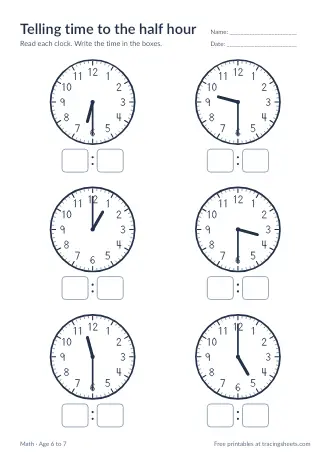 Preview of the telling time to the half hour worksheet