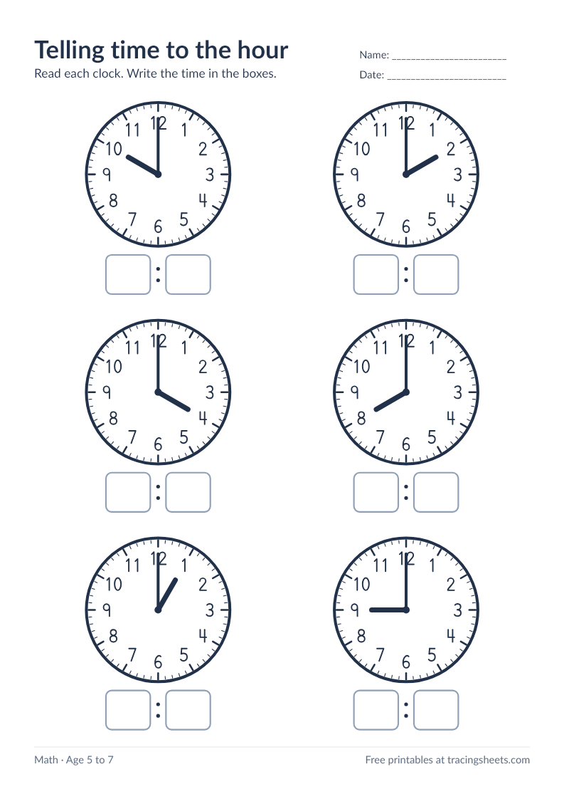 Preview of the printable telling time to the hour worksheet