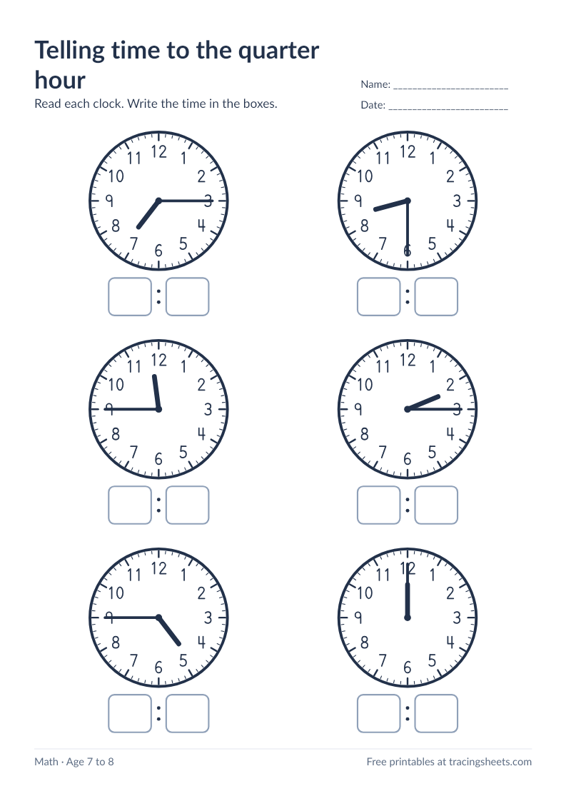 Preview of the printable telling time to the quarter hour worksheet