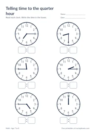 Preview of the telling time to the quarter hour worksheet