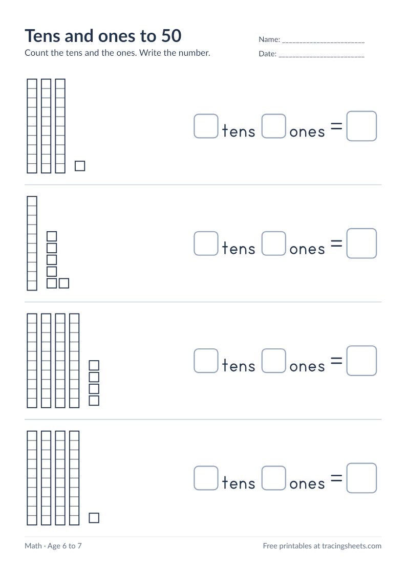 Preview of the printable tens and ones to 50 worksheet