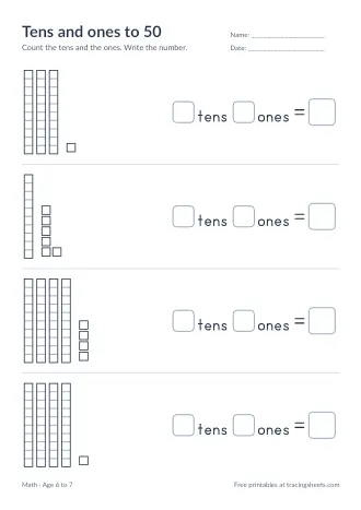 Preview of the tens and ones to 50 worksheet