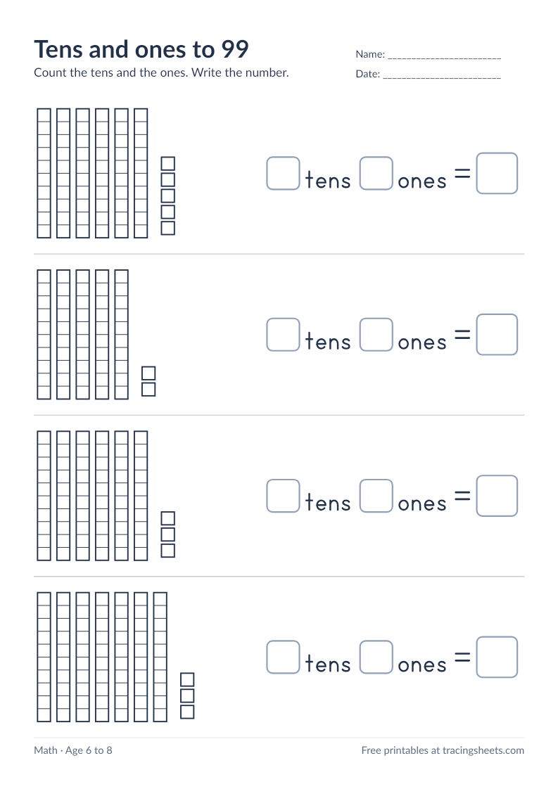 Preview of the printable tens and ones to 99 worksheet