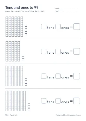 Preview of the tens and ones to 99 worksheet