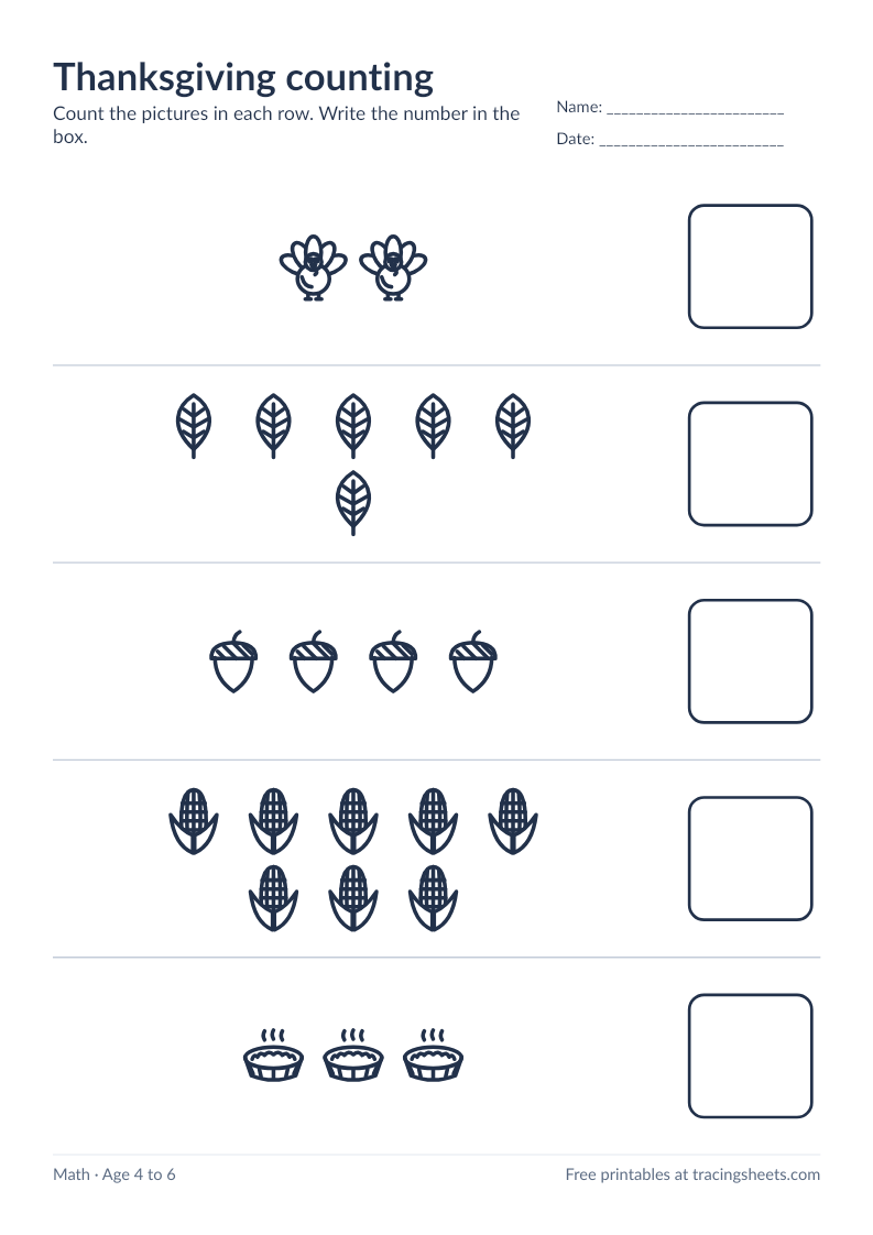 Preview of the printable thanksgiving counting worksheet