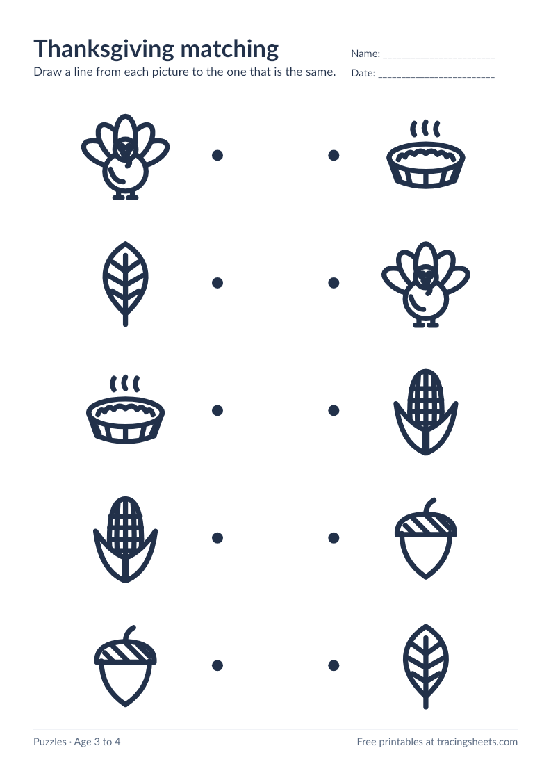 Preview of the printable thanksgiving matching worksheet