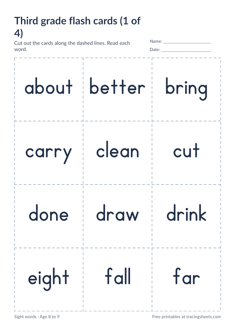 Preview of the printable third grade flash cards (1 of 4) worksheet